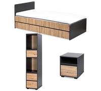DALIA Chambre enfant adolescent avec lit, chevet, Etagère Anthracite/Chêne