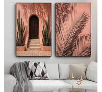 DAMAIART Tableau marocain sur toile, paysage de cactus et de palmiers roses du désert, style vintage neutre (80 x 120 cm x 2 / sans cadre)