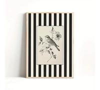 DAMAIART Tableau mural noir et blanc à rayures florales et oiseaux, affiche sur toile, style rétro, pour la décoration de la chambre ou du salon (20 x 30 cm/Toile tendue sur châssis)