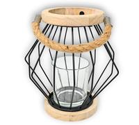 damaloo Lanterne décorative en bois et métal avec verre - Photophore de style bohème industriel - Lanterne noire avec corde de chanvre et insert en verre - Bougeoir pour salon - Décoration de table