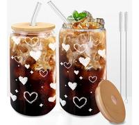 DAMCONME Lot de 2 tasses en verre avec couvercles et pailles, jolies tasses en verre en forme de cœur pour café glacé, matcha, smoothies, whisky, mojito, soda, bière - Sans BPA - Passe au