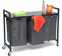 DanDiBo Panier à linge 3 compartiments avec étagère Noir Métal 96500 Collecteur de linge Chariot à linge à roulettes Panier à linge Sac à linge Moderne