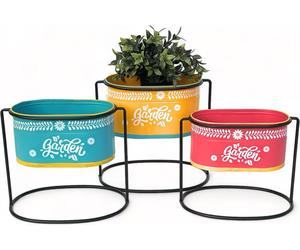 DanDiBo Tabouret à fleurs avec pot Métal Debout Multicolore Ovale 96526 Set de 3 supports pour fleurs Colonne à fleurs Moderne Support pour plantes Vase à plantes