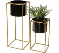 DanDiBo Tabouret à fleurs avec pot Métal Or Noir Angulaire Lot de 2 Porte-fleurs 96035 Colonne à fleurs Moderne Porte-plantes Tabouret à plantes