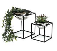 DanDiBo Tabouret à fleurs Métal avec pot Noir Argent Porte-fleurs 96256 Lot de 2 Colonne à fleurs Moderne Porte-plantes Tabouret à plantes