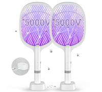 DANGZW Raquette Electrique Insectes 5000V, 2 en 1 2000 mAh USB Rechargeable Tapette à Mouches Electrique avec Base de Chargement Contre Moustiques, Mouches, Insectes, Volants