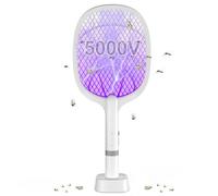 DANGZW Raquette Electrique Insectes 5000V, 2 en 1 2000 mAh USB Rechargeable Tapette à Mouches Electrique avec Base de Chargement Contre Moustiques, Mouches, Insectes, Volants
