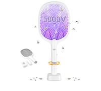 DANGZW Raquette Électrique Insectes 5000V, Raquette Anti Moustique Rechargeable 2000mAh, Tapette à Mouches Électrique 2 en 1 avec Manche Amovible, Lumière UV et Base de Chargement