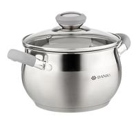 Daniks Modern Faitout Inox 16 cm 2 L, Casserole avec Couvercle en Verre, Tous Feux y Compris Induction, Poignées en Silicone, Échelle de Mesure, Argent