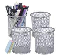 DARUITE Pot a Crayon, Lot de 4 Pot Crayon Bureau Rond en Métal, Argent | Porte Stylo pour Bureau, Maison, École, Idéal pour Feutres, Ciseaux, Trombones, Multifonctionnel, Robuste, Maille Respirante