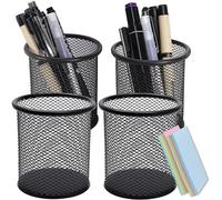 DARUITE Pot a Crayon, Lot de 4 Pot Crayon Bureau Rond en Métal, Noir | Porte Stylo pour Bureau, Maison, École, Idéal pour Feutres, Ciseaux, Trombones, Multifonctionnel, Robuste, Maille Respirante
