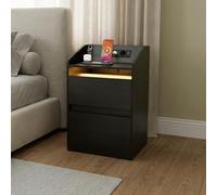 DATO Table de chevet avec éclairage LED et station de charge (2 prises CA, 2 ports USB) - Table de chevet avec tiroirs - Table d'appoint moderne pour salon et chambre à coucher (NS20)