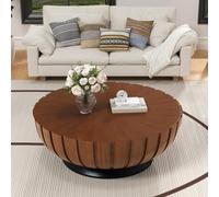 DAXUESEH Table Basse Cannelée Ronde De Stockage, Tables Basses Modernes en Bois Cannelé avec Base Robuste, Table Centrale De Cercle De Tambour pour Salon Appartement Petit Espace,