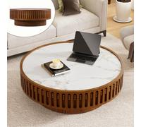 DAXUESEH Table Basse Ronde Cannelée pour Salon, Tables Basse Ronde Style Tambour avec Plateau en Pierre Frittée, Table Centrale Ronde Moderne en Bois pour Petits Espaces Et Appartements