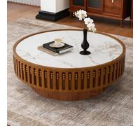 DAXUESEH Table Basse Ronde Cannelée, Tables Basses Rondes Modernes en Forme De Tambour avec Plateau en Pierre Frittée, pour Salon Ou Appartement, Montage Facile