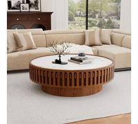 DAXUESEH Table Basse Ronde en Bois Style Tambour avec Plateau en Pierre Frittée, Table De Salon Ronde Moderne À Finition Cannelée, pour Salon Ou Appartement, Montage Facile