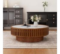DAXUESEH Table Basse Ronde en Pierre Frittée À Piètement Cannelé, Tables Basses Rondes en Bois (Forme Tambour) avec Plateau en Pierre, pour Petit Salon Ou Appartement