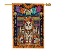 Day of the Dead British Shorthair Cats Front Yard Backyard Linen Vertical House Drapeaux 71 x 101 cm Double face pour extérieur, Fleurs Crâne Imprimé Drapeaux pour Maison Gothique