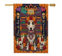 Day of the Dead Bull Terrier Dog Front Yard Backyard Linen Vertical House Drapeaux 71 x 101,6 cm Double face pour extérieur, Fleurs Crâne Imprimé Drapeaux à motif gothique pour la maison et