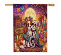 Day of the Dead Cavalier King Charles Spaniel Avant Yard Backyard Toile de jute House Drapeaux double face pour extérieur, squelette amusant pour maison, porche