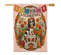 Day of the Dead Cavalier King Charles Spaniel Dog House Flag 71,1 x 101,6 cm pour extérieur, drapeau vertical standard en lin pour maison, drapeau bohème avant cour arrière-cour décoration extérieure