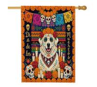 Day of the Dead Great Pyrénées Dog Front Yard Backyard Linen Vertical House Drapeaux 71 x 101 cm Double face pour extérieur, Fleurs Crâne Imprimé Drapeaux pour Maison Gothique