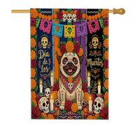 Day of the Dead Pug Dog Front Yard Backyard Linen Vertical House Drapeaux 71,1 x 101,6 cm Double face pour extérieur, Fleurs Crâne Imprimé Drapeaux pour Maison Gothique
