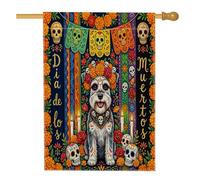 Day of the Dead Schnauzer Dog Front Yard Backyard Linen Vertical House Drapeaux 71,1 x 101,6 cm Double face pour extérieur, Fleurs Crâne Imprimé Drapeaux pour Maison Gothique