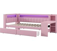Daybed rembourré 90x200 avec prises USB et ceinture LED, avec bureau et 2 tiroirs, rose,