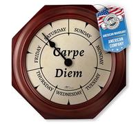 DayClocks Horloge Carpe Diem Classique - Horloge Jour de la Semaine - Horloge Jour par Jour avec Marqueurs Noon & Midnight - Horloge Murale en Acajou de 9,5"