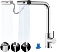 DAYONE Waterval : bec verseur orientable, mitigeur de cuisine pivotant à 360° avec 3 modes de jet, mitigeur haute pression pour lavabo avec douchette, mitigeur de cuisine en acier inoxydable brossé