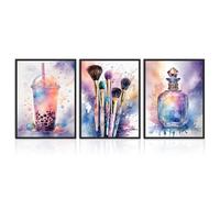 Dazzlewall 3 Pièces Décoration Murale Fille Aquarelle, Affiche Bubble Tea Pinceaux Maquillage Parfum Pour Chambre Adolescente Fille Dortoir 30x40 Cm Sans Cadre