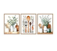 Dazzlewall 3 Pièces Set Décoration Murale Cuisine Aquarelle, Affiches Eucalyptus & Ustensiles Verts Pour Salle À Manger Restaurant 30x40 Cm Sans Cadre