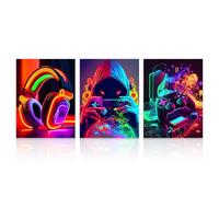 Dazzlewall 3 Pièces Set Décoration Murale Gamer Néon, Affiche Casque Joueur Manette Vibrant Pour Salle De Jeux Chambre 30x40 Cm Sans Cadre