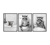 Dazzlewall 3 Pièces Set Décoration Murale Raton Laveur Drôle, Affiche Raton Laveur Noir Blanc Baignoire Toilette Pour Salle De Bain 30x40 Cm Sans Cadre