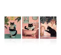 Dazzlewall 3 Pièces Set Décoration Murale Salle de Bain Coquette Rose, Affiches Rétro Chat Noir Lisant Dans Baignoire Rose Pour Toilette WC 30x40 Cm Sans Cadre