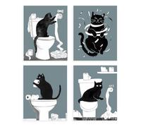 Dazzlewall 4Pcs Drôle Chat Salle de Bain Art Mural, Chat Noir Déroulant Papier Toilette Salle de Bain Décoration Murale Impression Gris Bleu Peinture Animale Excentrique, 8x10 pouce Non Encadré