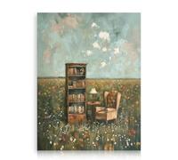 Dazzlewall Affiche Coin Lecture Vintage, Tableau Toile Bibliothèque Canapé Dans Champ De Fleurs Sauvages Pour Salon Bureau 30x40 Cm Sans Cadre