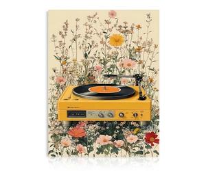 Dazzlewall Art Mural de Tourne-Disque Boho, Impressions de Champ Floral Coloré et Tourne-Disque Jaune Vintage 12x16 pouces sans Cadre