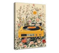 Dazzlewall Encadré Art Mural de Tourne-Disque Boho, Impressions de Champ Floral Coloré et Tourne-Disque Jaune Vintage 12x16 pouces