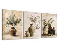 Dazzlewall Encadré Set de 3 Décoration Murale de Branche d'Olivier Rustique, Impressions sur Toile dans Pot en Terre Cuite pour Style Fermier 12x16 pouces