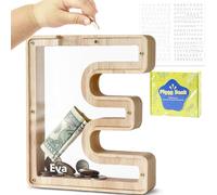 DBPBToU Tirelire en Bois en Forme de Lettre, Tirelire Cochon Personnalisée pour Enfants, Tirelire Billet Transparente Créative pour Cadeaux de Festivals/Décoration Intérieure/Souvenir (E)