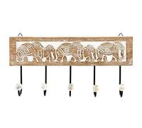 Dcasa - Portemanteau mural à 5 crochets en bois sculpté éléphant 38 x 18 cm