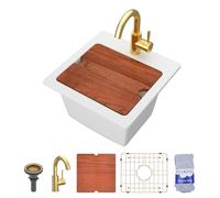 Dcolora DC-SFDOE00128 Évier de bar encastrable de 38,1 cm avec robinet, évier utilitaire en granit composite pour poste de travail en granit, évier utilitaire à cuve unique à montage sur le dessus