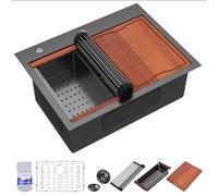 Dcolora Évier de travail en acier inoxydable noir mat 61 x 45,7 cm | Finition nano-PVD de calibre 16, petit évier à cuve unique pour bar humide et station de préparation, îlot de cuisine