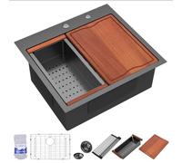 Dcolora Évier en acier inoxydable noir mat 58,4 x 50,8 cm | Finition nano-PVD de calibre 16, petit évier à cuve unique pour bar humide et station de préparation, îlot de cuisine