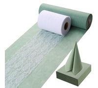 ddckj Chemin de table en non-tissé - Vert eucalyptus - 30 cm x 35 m - Vert sauge et blanc - Ruban décoratif en dentelle et serviettes - Kit de décoration de table pour baptême, communion, confirmation