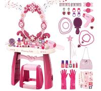 deAO Table De Maquillage pour Fille, Tabouret Et Accessoires Princesse | Coffret Maquillage Enfant Makeup Set avec Coiffeuse Accessoires, Jeu De Role Maquillage Jouets, Jouet pour Fille 3+ Ans Rose