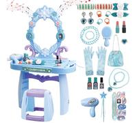deAO Table De Maquillage pour Fille, Tabouret Et Accessoires Princesse | Coffret Maquillage Enfant Makeup Set avec Coiffeuse Accessoires, Jeu De Role Maquillage Jouets, Jouet pour Fille 3+ Ans Bleu