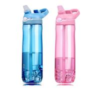 DEARART pack de 2 bouteilles d'eau de paille de 750ml sans Bisphénol a flip - up transparent avec poignée pour une portabilité facile pour la maison/bureau/voyage/école, Rose & Bleu clair